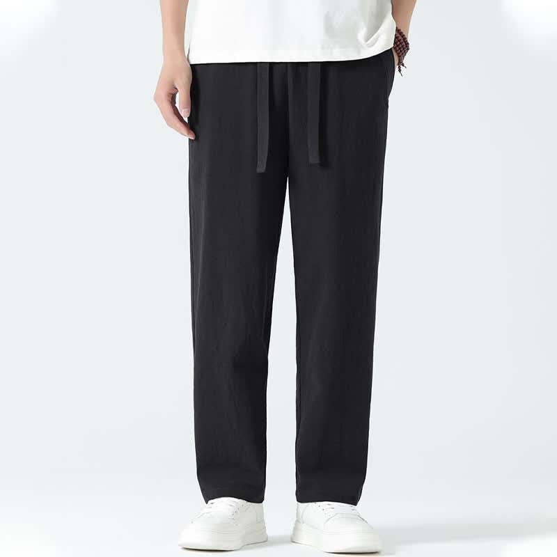 Buddha Stones Summer Cotton Minimalist Elastic Waist Men's Straight Pants With Pockets - image 9