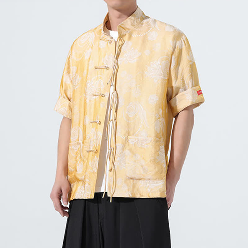 Buddha Stones Summer Tang Style Mandarin Collar Floral Jacquard Men's Short Sleeve Shirt With Pockets - image 20