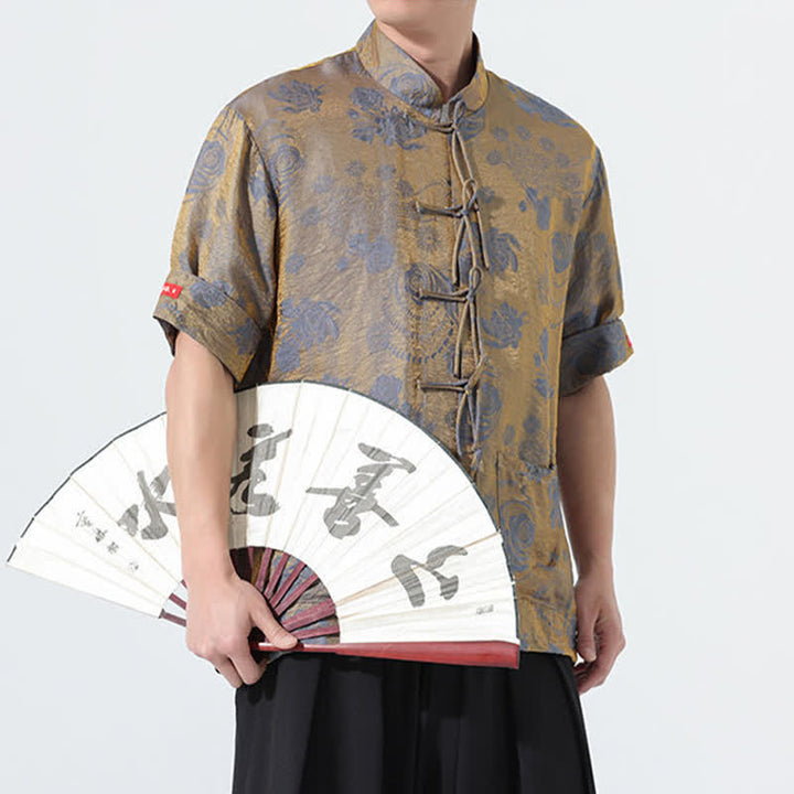 Buddha Stones Summer Tang Style Mandarin Collar Floral Jacquard Men's Short Sleeve Shirt With Pockets - image 8