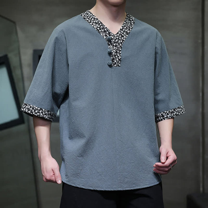 Buddha Stones Summer Casual Mandarin Collar Frog Button Cotton Men's Short Sleeve Shirt - image 17