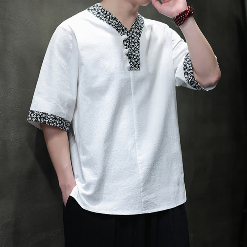 Buddha Stones Summer Casual Mandarin Collar Frog Button Cotton Men's Short Sleeve Shirt - image 2