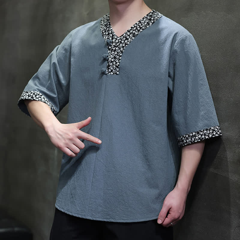 Buddha Stones Summer Casual Mandarin Collar Frog Button Cotton Men's Short Sleeve Shirt - image 15