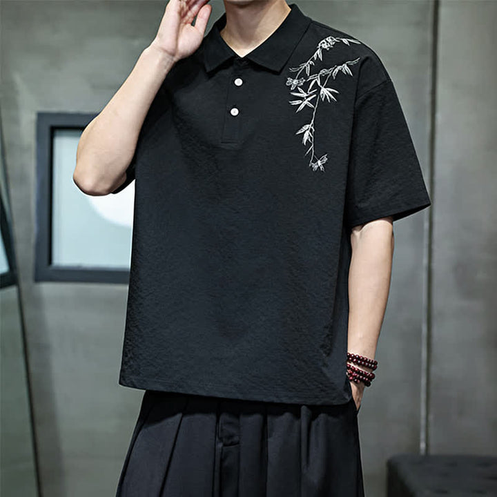 Buddha Stones Summer Casual Embroidery Solid Men's Short Sleeve Shirts - image 9