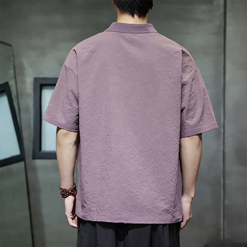 Buddha Stones Summer Casual Embroidery Solid Men's Short Sleeve Shirts - image 1