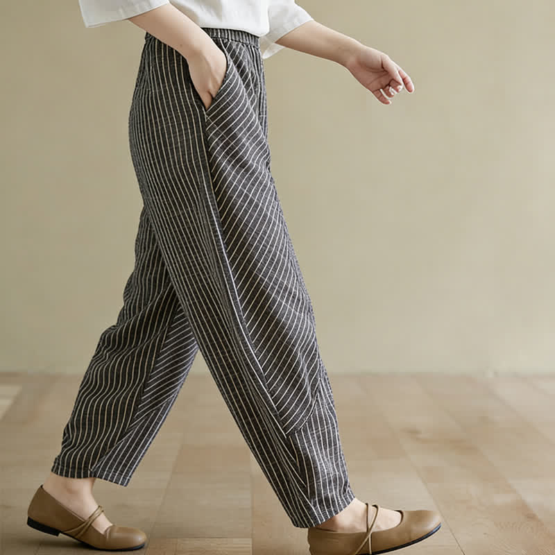 Buddha Stones Summer Casual Striped Linen Cotton Women's Tapered Pants With Pockets - image 1