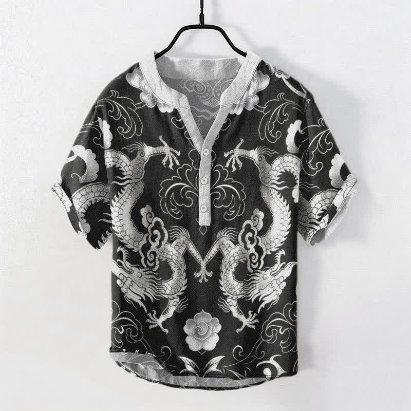 Buddha Stones Cotton Dragon Cloud Emblem Men's Short Sleeve Half Button Shirt - DarkGray - US/UK/AU50，EU60 (5XL) - image 7