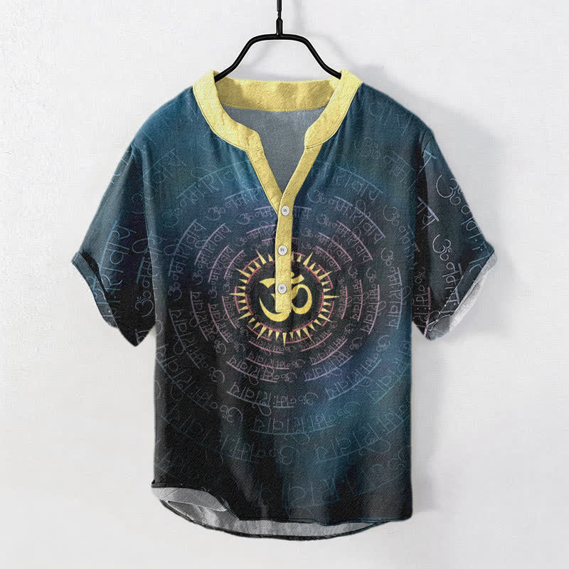 Buddha Stones Cotton Om Mantra Emblem Men's Short Sleeve Half Button Shirt - Teal - US/UK/AU50，EU60 (5XL) - image 0