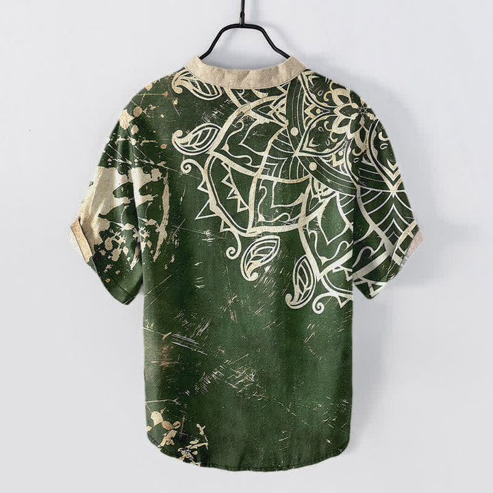 Buddha Stones Cotton Lotus Mandala Emblem Men's Short Sleeve Half Button Shirt - image 1