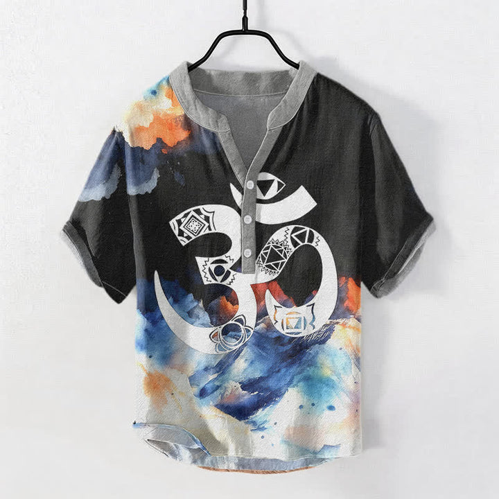 Buddha Stones Cotton Om Chakra Emblem Men's Short Sleeve Half Button Shirt - Black - US/UK/AU50，EU60 (5XL) - image 0