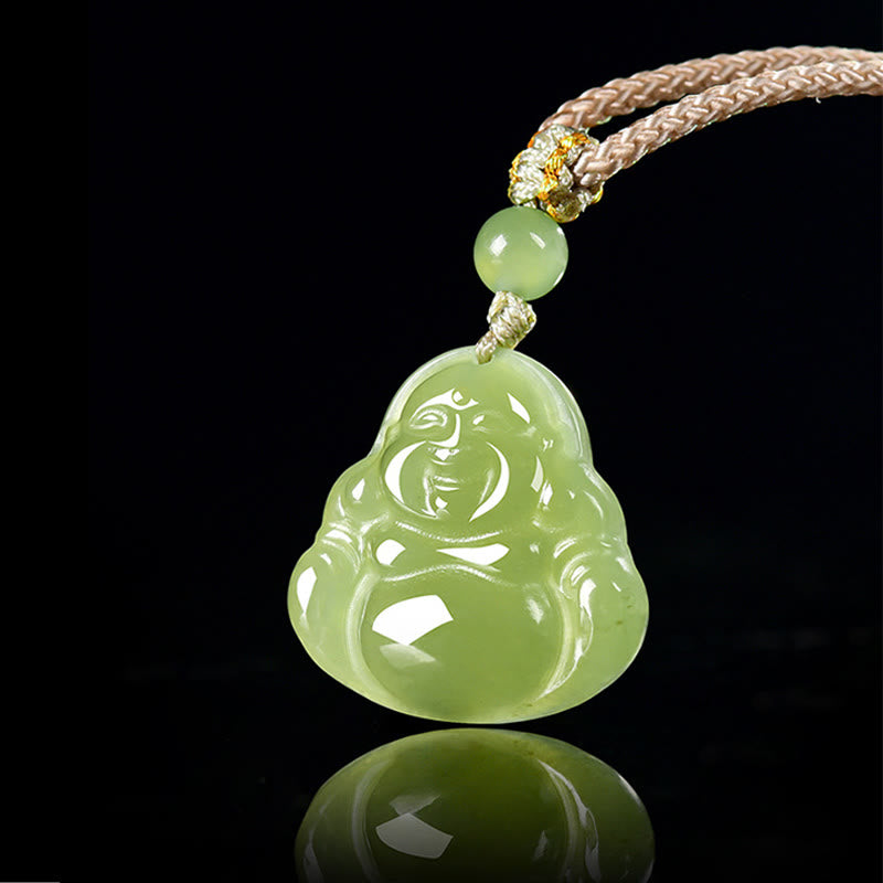Buddha Stones Green Jade Laughing Buddha Prosperity Rope Necklace Pendant - image 1
