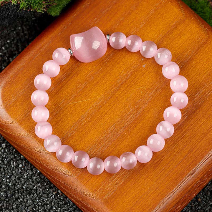 Buddha Stones Cute Cat Design Blue Lace Agate Clear Quartz  Beaded Bracelet - Pink Cat's Eye(Wrist Circumference 15–16cm) - image 18