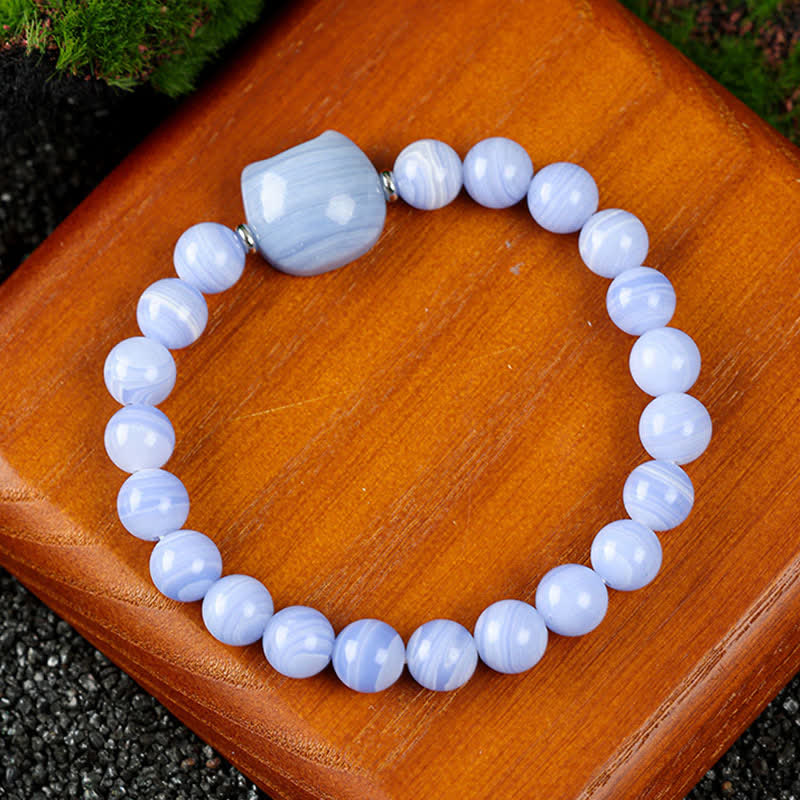 Buddha Stones Cute Cat Design Blue Lace Agate Clear Quartz  Beaded Bracelet - Blue Lace Agate(Wrist Circumference 15–16cm) - image 0