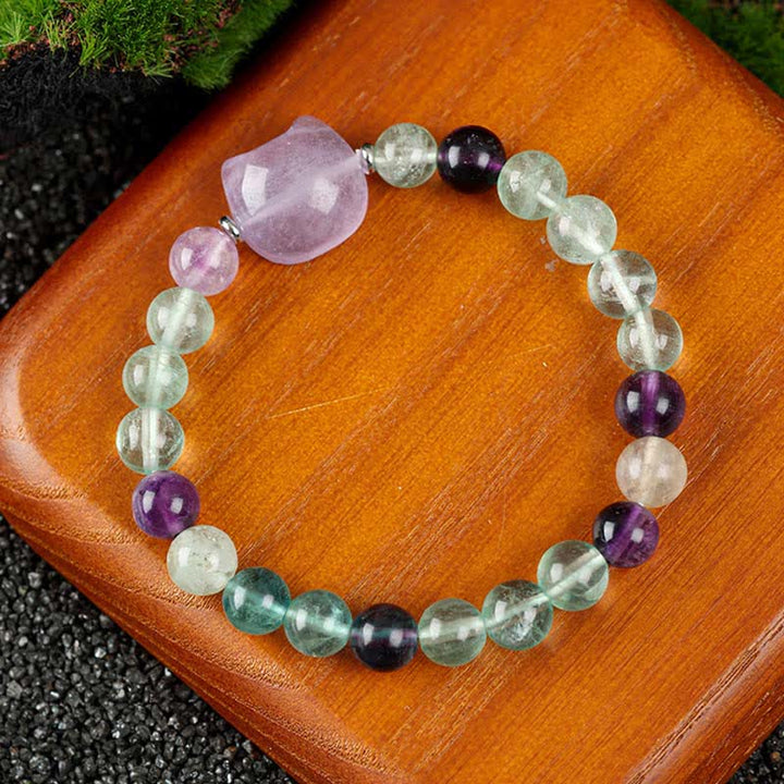 Buddha Stones Cute Cat Design Blue Lace Agate Clear Quartz  Beaded Bracelet - Rainbow Fluorite(Wrist Circumference 15–16cm) - image 20