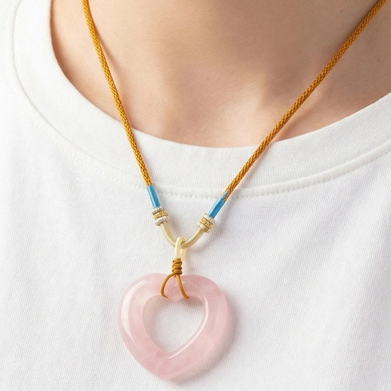 Buddha Stones Natural Rose Quartz Hollow Love Heart Caring Necklace Pendant - image 6