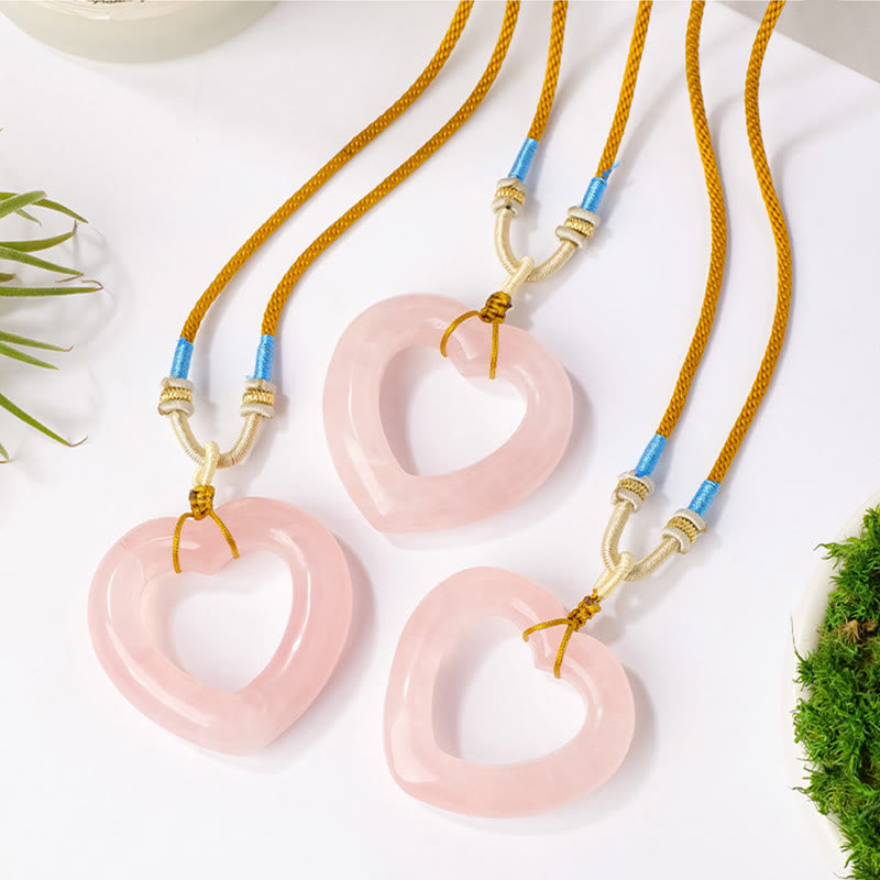 Buddha Stones Natural Rose Quartz Hollow Love Heart Caring Necklace Pendant - image 4
