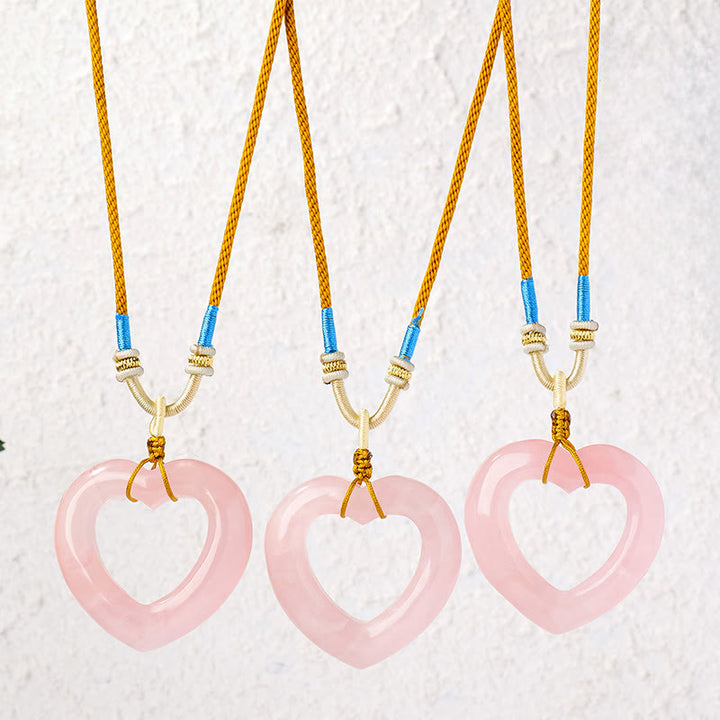 Buddha Stones Natural Rose Quartz Hollow Love Heart Caring Necklace Pendant - image 0