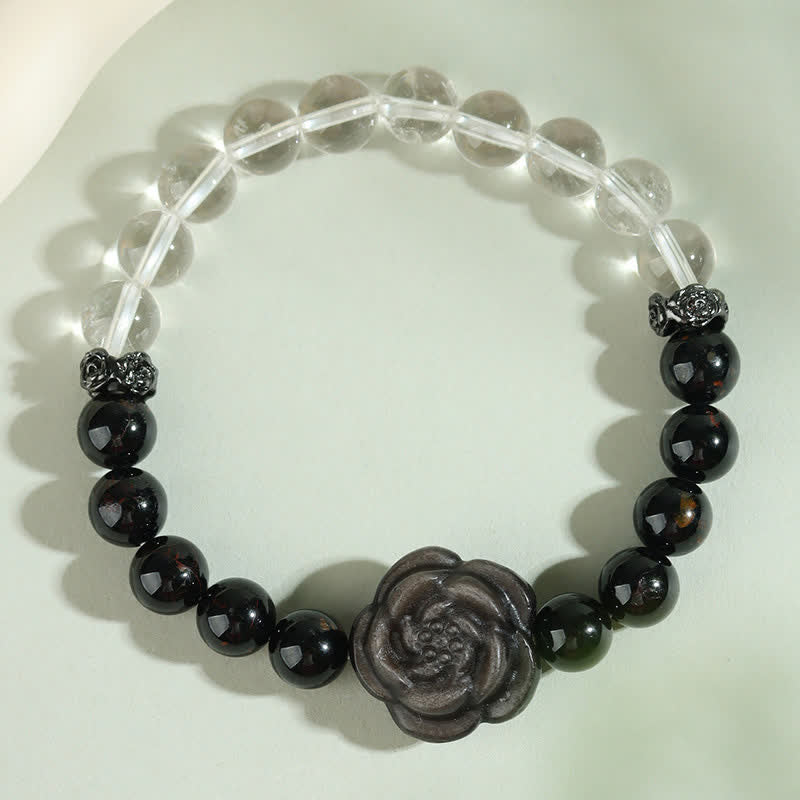 Buddha Stones Black Tourmaline Clear Quartz Carved Rose Flower Design Focus Bracelet - image 1