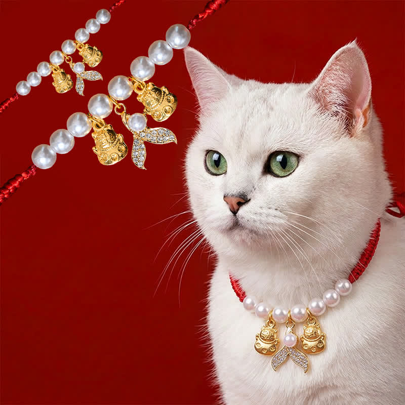 Buddha Stones Red String Plaited Pearl Fish Tail Protection Adjustable Cats Pet Collar - Red String - 15-25cm - image 0