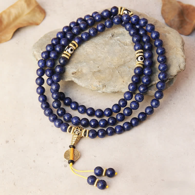 Buddha Stones 108 Beads Lazurite Lapis Lazuli Three-eyed Dzi Bead Positive Mala - Lapis Lazuli(Wrist Circumference 16-18cm) - image 0