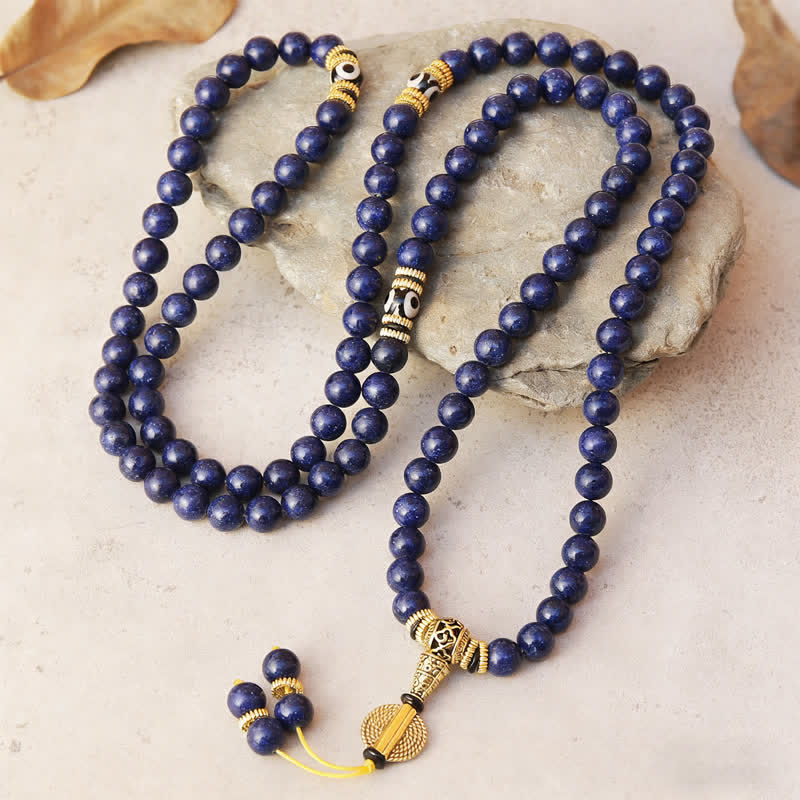 Buddha Stones 108 Beads Lazurite Lapis Lazuli Three-eyed Dzi Bead Positive Mala - image 1