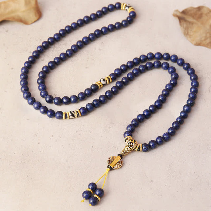 Buddha Stones 108 Beads Lazurite Lapis Lazuli Three-eyed Dzi Bead Positive Mala - image 2