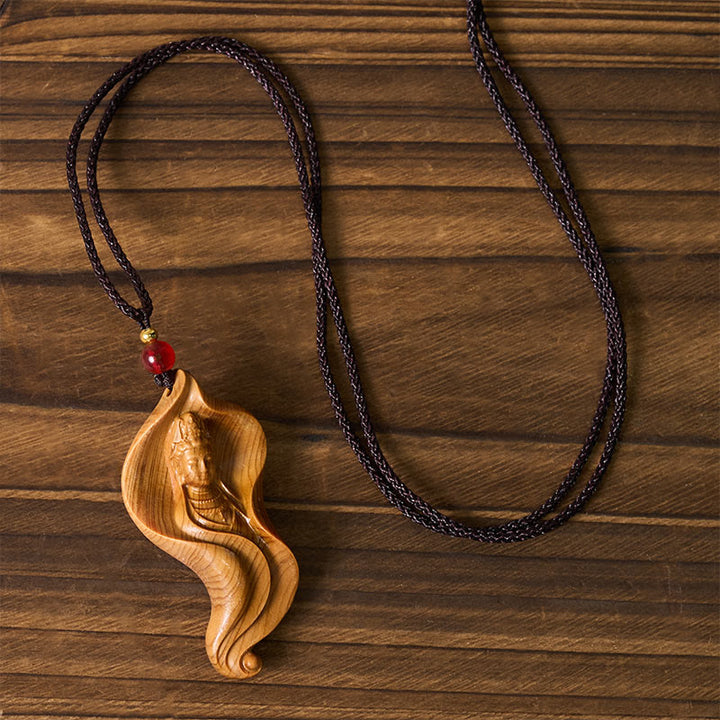 Buddha Stones Guanyin Kwan Yin Avalokiteśvara Lotus Leaf Platycladus Orientalis Wood Wealth Necklace Pendant - image 4