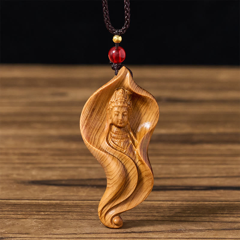 Buddha Stones Guanyin Kwan Yin Avalokiteśvara Lotus Leaf Platycladus Orientalis Wood Wealth Necklace Pendant - Avalokiteśvara - image 0