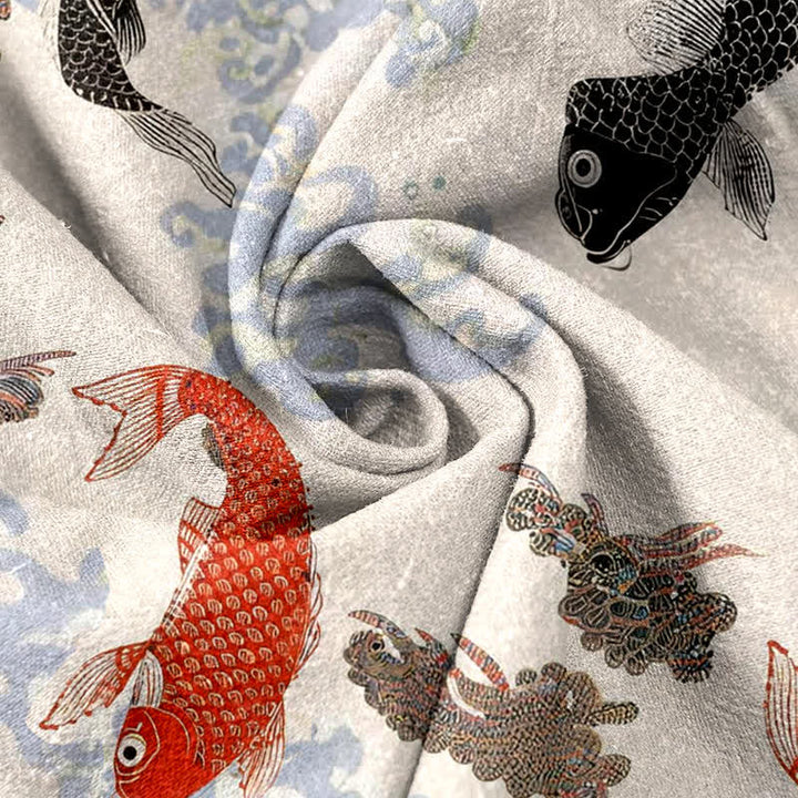 Buddha Stones Cotton Koi Fish Water Wave Pattern Men's Short Sleeve Half Button Shirt - image 2