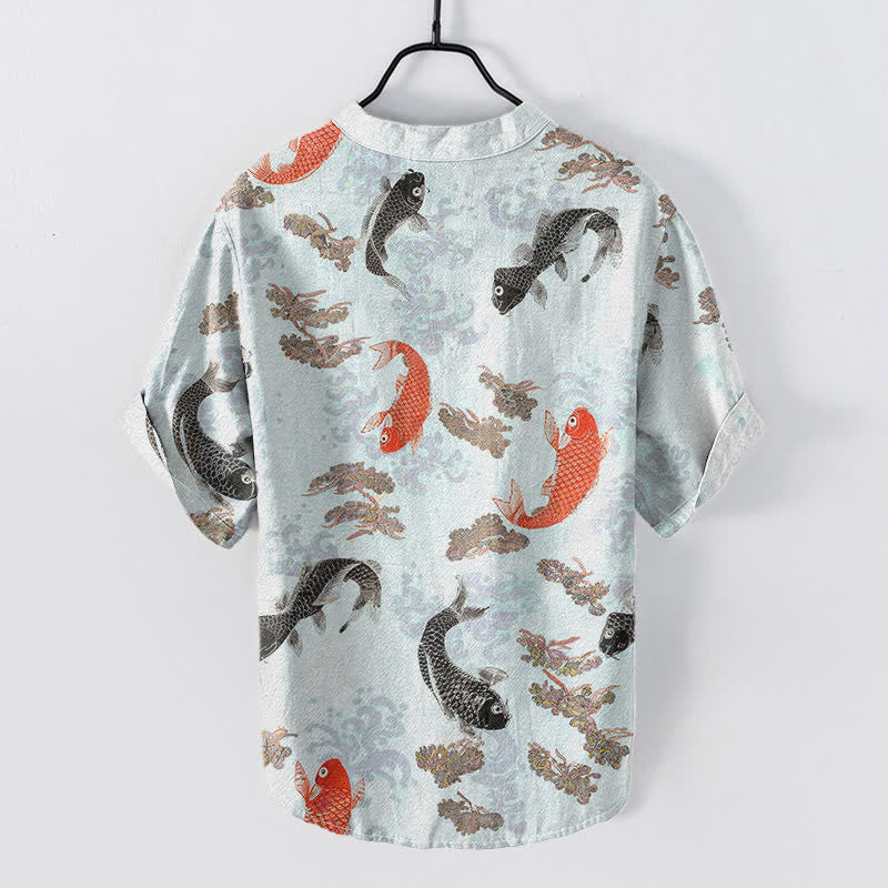Buddha Stones Cotton Koi Fish Water Wave Pattern Men's Short Sleeve Half Button Shirt - image 4