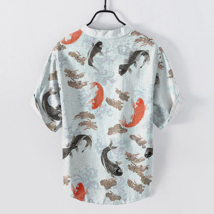 Buddha Stones Cotton Koi Fish Water Wave Pattern Men's Short Sleeve Half Button Shirt - image 4