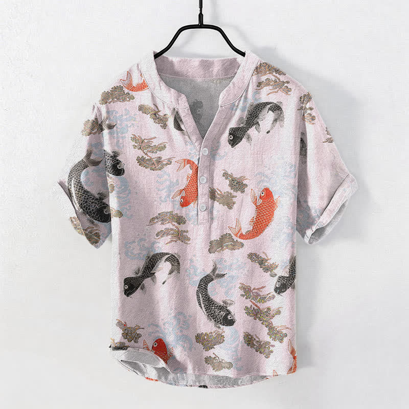 Buddha Stones Cotton Koi Fish Water Wave Pattern Men's Short Sleeve Half Button Shirt - LavenderBlush - US/UK/AU50，EU60 (5XL) - image 5