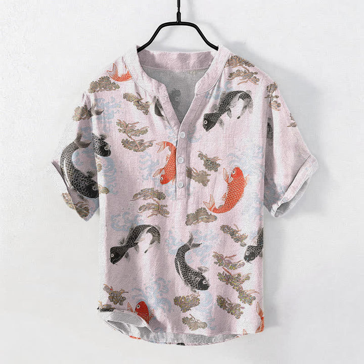 Buddha Stones Cotton Koi Fish Water Wave Pattern Men's Short Sleeve Half Button Shirt - LavenderBlush - US/UK/AU50，EU60 (5XL) - image 5