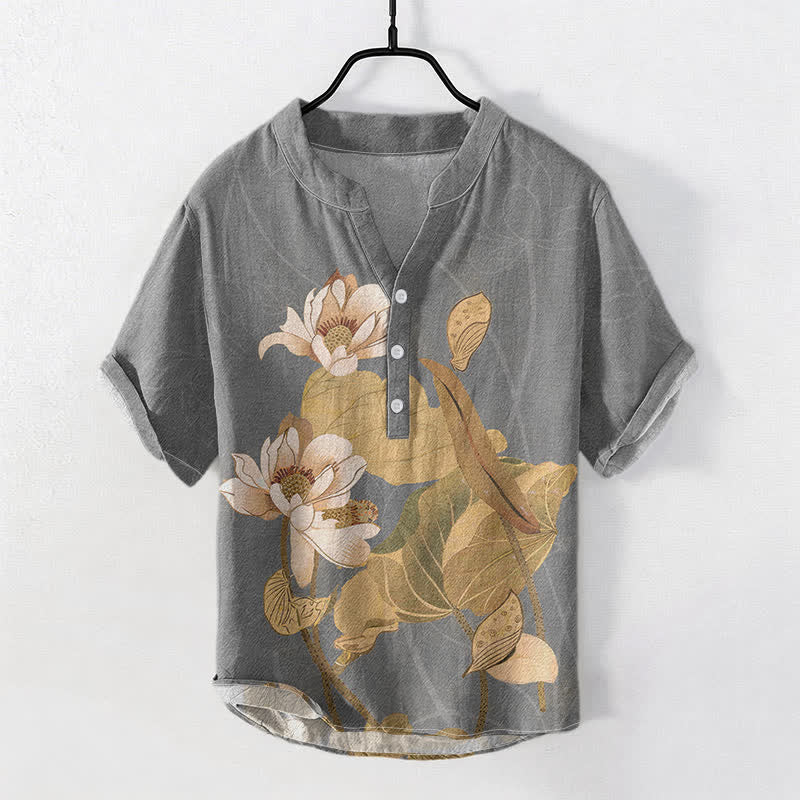 Buddha Stones Cotton Hand Painted Lotus Pattern Men's Short Sleeve Half Button Shirt - Gray - US/UK/AU50，EU60 (5XL) - image 5