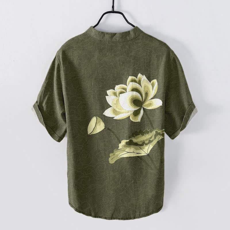 Buddha Stones Cotton Watercolor Lotus Pattern Men's Short Sleeve Half Button Shirt - image 1