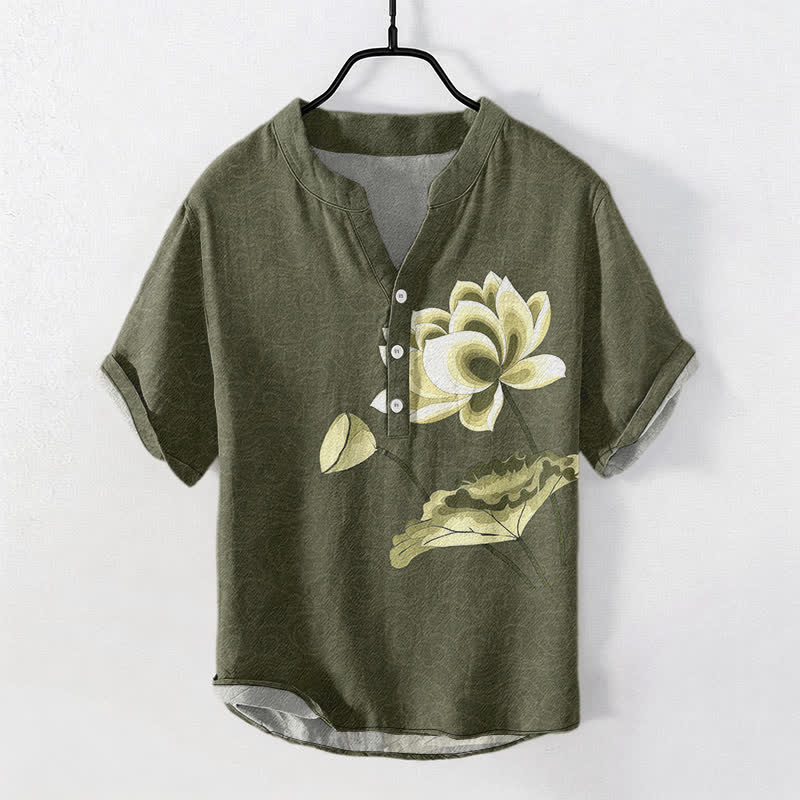 Buddha Stones Cotton Watercolor Lotus Pattern Men's Short Sleeve Half Button Shirt - DarkOliveGreen - US/UK/AU50，EU60 (5XL) - image 0