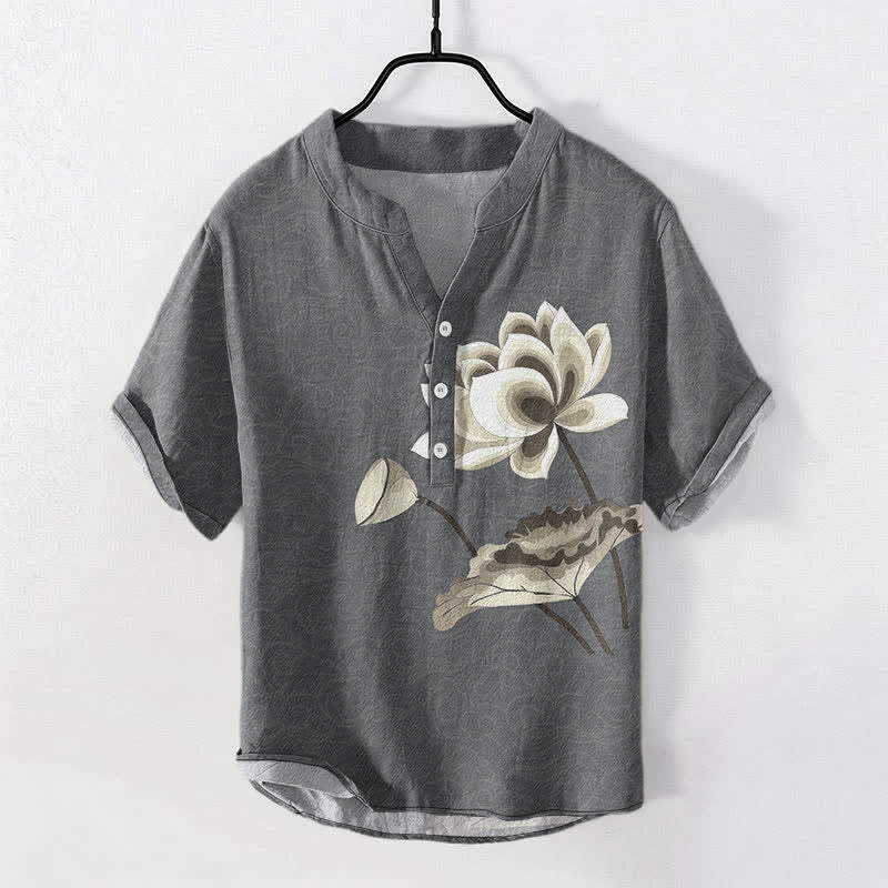 Buddha Stones Cotton Watercolor Lotus Pattern Men's Short Sleeve Half Button Shirt - DimGray - US/UK/AU50，EU60 (5XL) - image 7