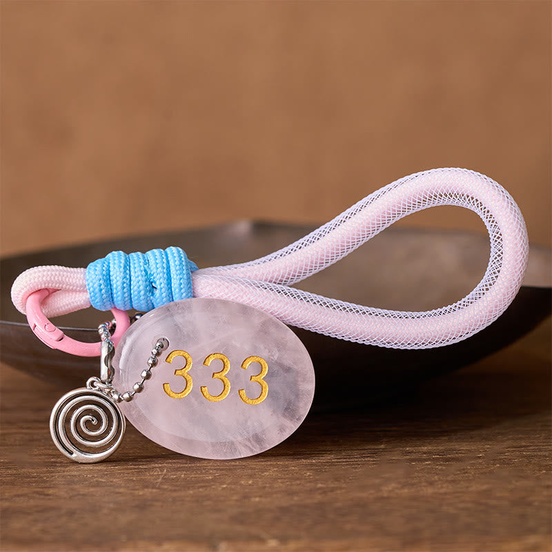 Buddha Stones Wishing Guidance and Strength 333 Angel Number Natural Rose Quartz Key Chain Hanging Decoration Includes Gift Message Card - image 1