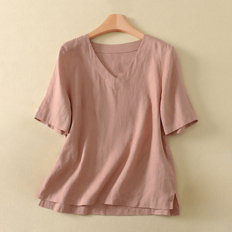 Buddha Stones Summer Minimalist V Neck Solid Women's Short Sleeve T-Shirts - RosyBrown - US8-10，UK/AU12-14，EU40-42 (2XL) - image 5