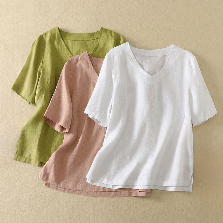 Buddha Stones Summer Minimalist V Neck Solid Women's Short Sleeve T-Shirts - image 20