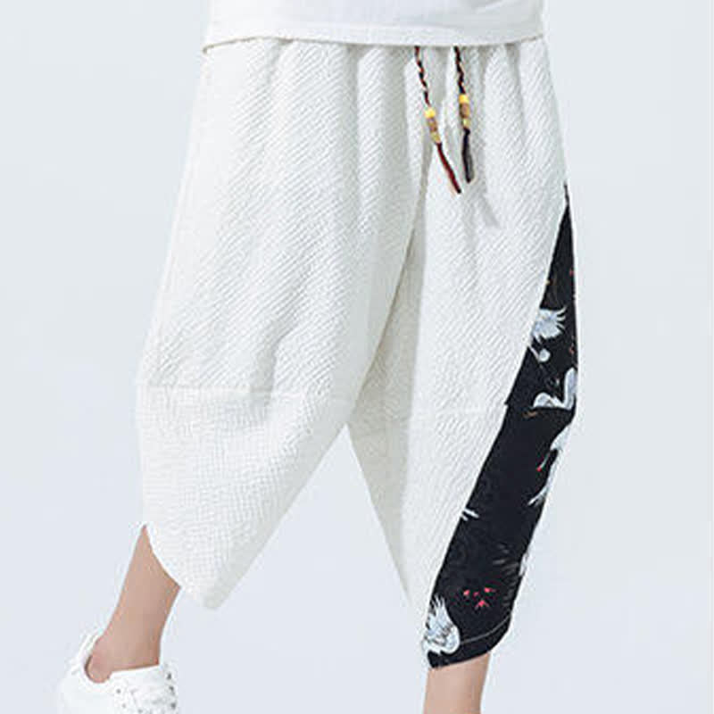 Buddha Stones Summer Drawstring Tassel Crane Print Men's Harem Pants - image 22