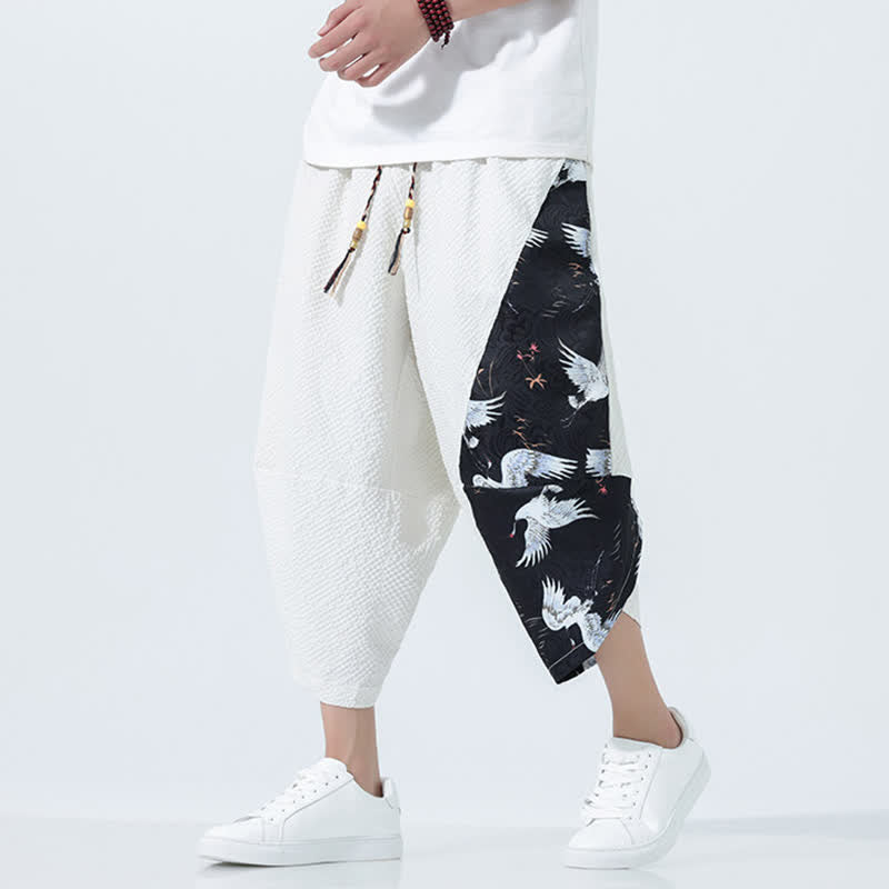 Buddha Stones Summer Drawstring Tassel Crane Print Men's Harem Pants - White - US/UK/AU46，EU56 (5XL) - image 21