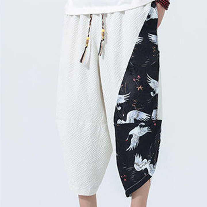 Buddha Stones Summer Drawstring Tassel Crane Print Men's Harem Pants - image 27