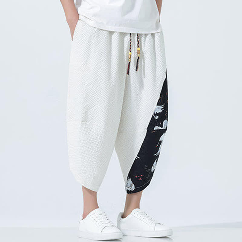 Buddha Stones Summer Drawstring Tassel Crane Print Men's Harem Pants - image 25