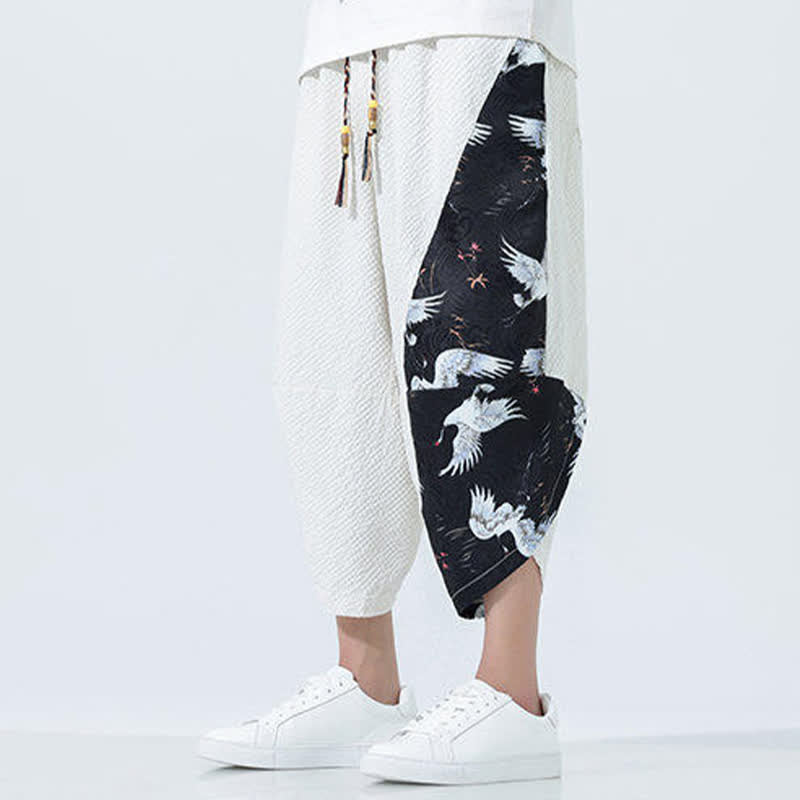 Buddha Stones Summer Drawstring Tassel Crane Print Men's Harem Pants - image 28