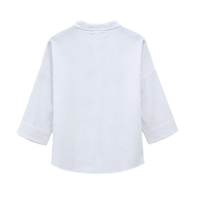 Buddha Stones Summer Tang Style Embroidery Mandarin Collar Calligraphy Print Men's Elbow-Length Sleeve T-Shirts - image 2