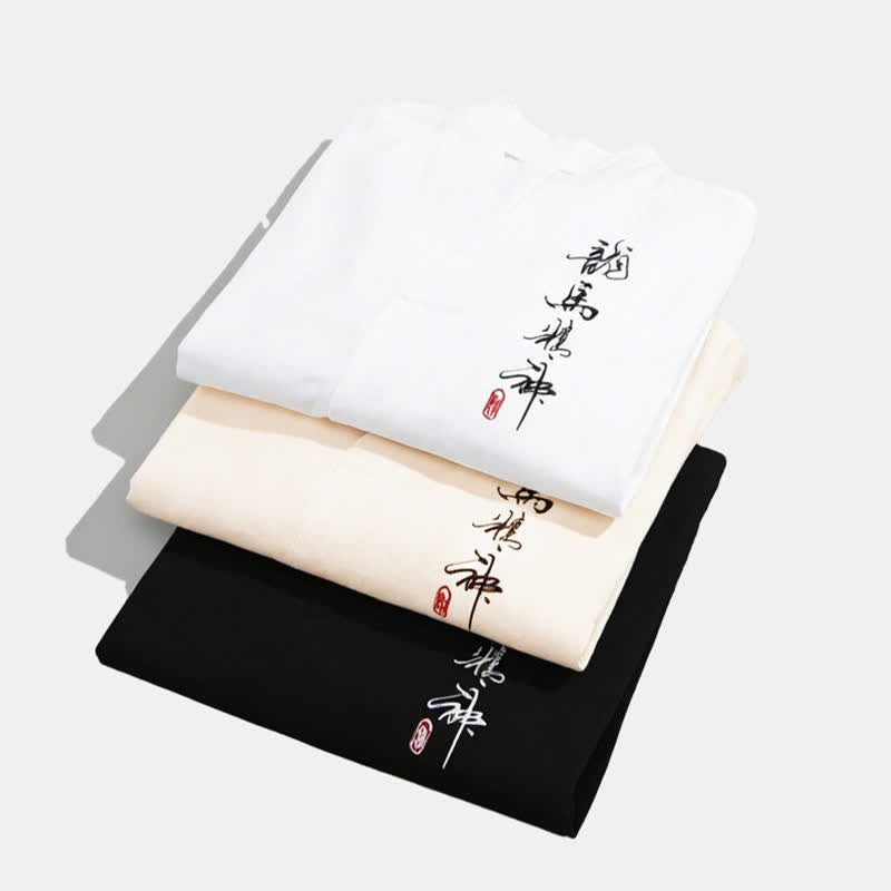 Buddha Stones Summer Tang Style Embroidery Mandarin Collar Calligraphy Print Men's Elbow-Length Sleeve T-Shirts - image 5