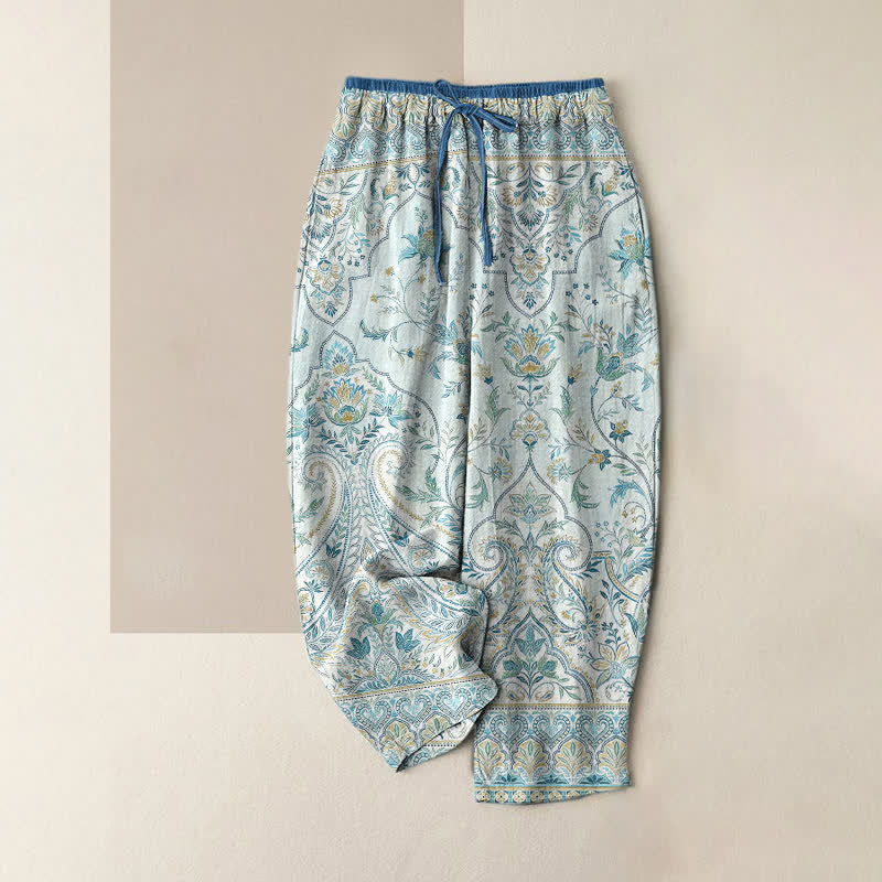 Buddha Stones Summer Cotton Paisley Floral Pattern Women's Elastic Waist Pants With Pockets - LightBlue - US16，UK/AU20，EU48 (3XL) - image 0
