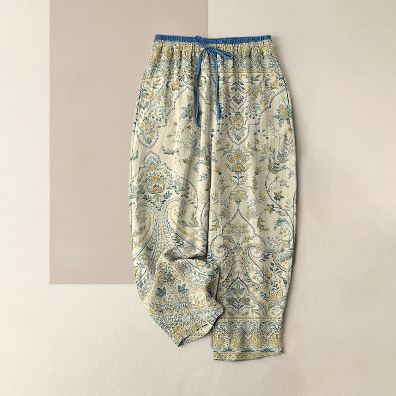 Buddha Stones Summer Cotton Paisley Floral Pattern Women's Elastic Waist Pants With Pockets - Beige - US16，UK/AU20，EU48 (3XL) - image 3