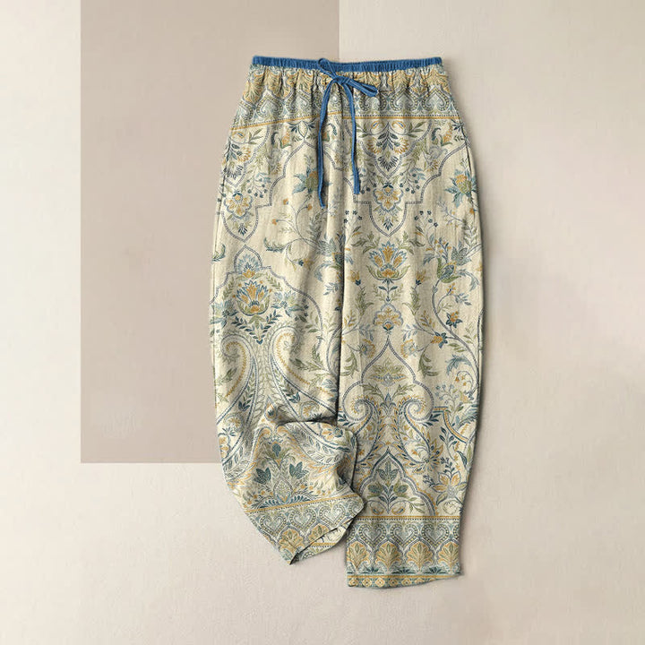 Buddha Stones Summer Cotton Paisley Floral Pattern Women's Elastic Waist Pants With Pockets - Beige - US16，UK/AU20，EU48 (3XL) - image 3