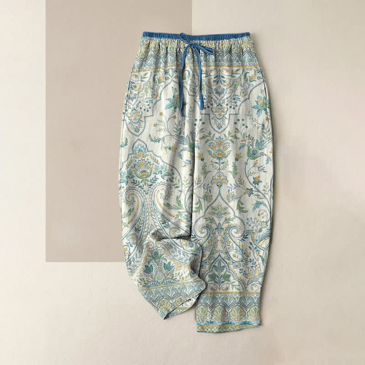 Buddha Stones Summer Cotton Paisley Floral Pattern Women's Elastic Waist Pants With Pockets - Ivory - US16，UK/AU20，EU48 (3XL) - image 4